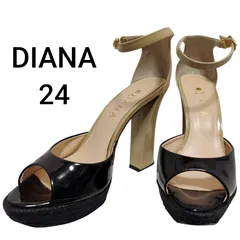 ダイアナ★ DIANA エナメル  パンプス  24cm  オープントゥ   アンクルストラップ   ブラック 黒 ×ベージュ