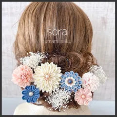 つまみ細工髪飾り【ブルー×ピンク】成人式　和装　かんざし　着物　七五三　結婚式　卒業式