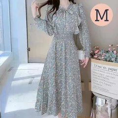 【訳あり】レトロ　フローラル柄　ロングシフォンワンピース　M　長袖　スカート　花柄　フェミニン　緑色　グリーン　春　10代　20代　30代　大人かわいい　韓国　フラワー柄　体型カバー　ａライン　インポート