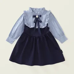 120☆130☆ キッズ 女の子 ワンピース フォーマルワンピース ブルー ストライプ リボン 長袖 フリル ネイビー 入学式 卒園式 結婚式 パーティー 謝恩会 誕生日会