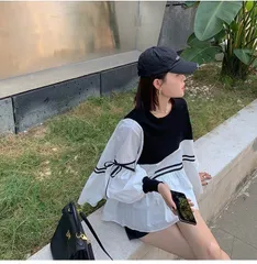 ドッキングトップス　春トップス　ブラウス　カットソー 可愛い　韓国　オルチャン