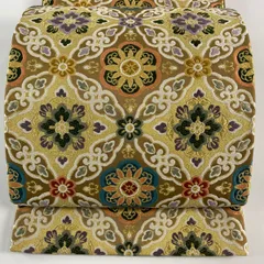 【美品】 袋帯 名品 京綴の世界 華文 七宝 唐織 金糸 山吹茶色 六通 正絹 【中古】
