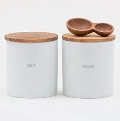 SET SALT-SUGAR-大さじ小さじ LOLO | 保存容器 | SALT & SUGAR | キャニスターセット | スプーンつき | 日本製 | 陶器 | 磁器 | チーク | 蓋つき |