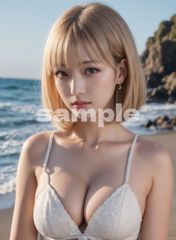 【AI美女ポスター】Urban Blonde #181｜金髪ボブ×リアル美女｜インテリア A4 水着美人 透明感  韓国風  コレクション ビーチ 海浜 水着 巨乳