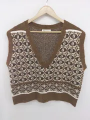 ◇ Birthday room 着回し 総柄 Vネック 半袖 ニット ベスト ブラウン ライトベージュ系 マルチ レディース P  【1307040004739】