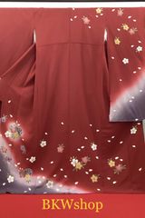 ＜大特価＞　現品限り　used　振袖　臙脂ぼかし桜鞠柄　正絹　成人式　およばれ　着付け練習