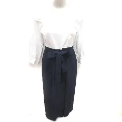 トッコ TOCCO ワンピース Aライン ロング 長袖 ウエストマーク M 白 ホワイト 紺 ネイビー /RT