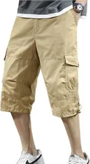 Gosfang(ゴスファング) カーゴパンツ ハーフパンツ ボトムス クロップド 七分丈 ミリタリー ワークパンツ ゆったり カジュアル ズボン(ベージュ,  M)