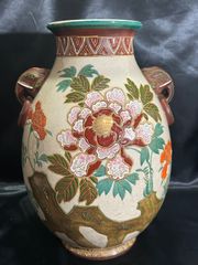 A1439-10/薩摩焼/金彩色絵花鳥文耳付花瓶/花入/花器/花生/飾壷/華道具