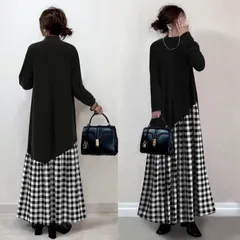 ワンピース ロングワンピース レディース 長袖 ボトルネック ロング丈 重ね着風 レイヤード風 チェック柄 40代 20代 冬 秋 春skwhansheyi23