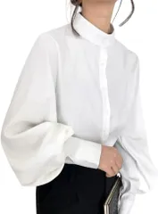 Four leaf 立ち襟 ブラウス レディース バルーン袖 長袖 シャツ トップス 無地 シンプル きれいめ 体型カバー オフィス カジュアル 通勤 フォーマル 大人 可愛い おしゃれ 着回し 洗える(ホワイト,  M)