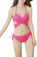 ISLAYCAOLILA ビキニ 水着 3点セット スカート スイムドレス ホルターネック セパレート リボン パッド入り ワイヤーあり レディース( ピンク,  M)