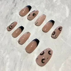 ㊲【ネイルチップ】ジェルネイル フレンチネイル ヌーディー系 ブラック  大人ネイル オフィスネイル シンプルネイル Moon 月 派手すぎない ストーン オリジナル サイズ変更可 オーダー受付中