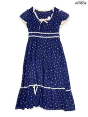 古着 フリル リボン レース ベルト付き 花柄 コットン ロング丈 半袖 ティアード ワンピース 紺 (otu2405136)のサムネイル