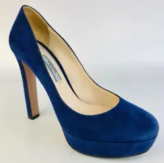 美品★PRADA・プラダ レディース スエードレザー パンプス (37 1/2) イタリア製 ブランド レディース 靴 ブルー オシャレ 太ヒール