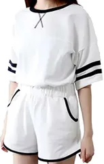 NAGAPO（ナガポ） レディース ルームウェア 上下セット セットアップ 半袖 ショートパンツ 大きいサイズ かわいい( ホワイト M,  M)