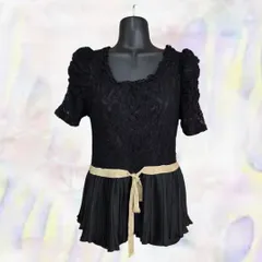 axes femme　アクシーズファム　ブラウス　ブラック　レディース　総レース　半袖　プリーツ　ペプラム　リボン　半袖　ボリューム袖