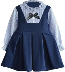 nightbaby ドレス 子供 リボン付き 女の子 フォーマル 長袖 一体型のワンピース 入学式 発表会 結婚式 パーディー コンクール プレゼント 七五三 お誕生日 記念写真 かわいい子供服(長袖-ブルー,  110 Regular)