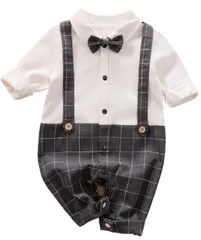 【在庫処分】[ベベック] Bebek ベビー 男の子 フォーマル 洋装 赤ちゃん 長袖 蝶ネクタイ 重ね着風 ロンパース チェック柄 (グレー 70)