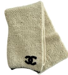【美品】CHANEL/シャネル 24K ココマーク ロゴ マフラー カシミア ホワイト×ブラック  レディース