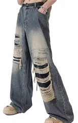 メンズ メンズ 大きいサイズ ダメージ加工 gパン ジーンズ おしゃれ ロング ガチョウパンツ ストレッチ ゆったりロングパンツ ワイドパンツ デニムパンツ パンツ デニム [MMTYRM]