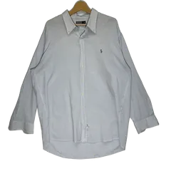 90's vintage 90年代 ヴィンテージ Polo by Ralph Lauren ポロバイラルフローレン ストライプ ポニー刺繡 長袖 シャツ ボタンダウン ワンポイント刺繡 18 1/2サイズ ライトブルー ホワイト