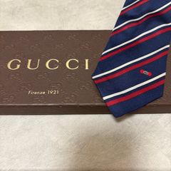 美品 GUCCI グッチ シルク 100％ ネイビー 紺 /レッド 赤 /ホワイト 白 ストライプ柄 254-717