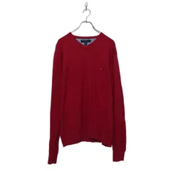 TOMMY HILFIGER コットン ニット セーター トミーヒルフィガー L レッド Vネック 古着卸 アメリカ仕入 a605-8255