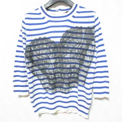 美品 tricot COMME des GARCONS トリココムデギャルソン ボーダー レースプリント 七分袖 ニット カットソー オフホワイト×ブルー レディース 古着 中古 美品 tricot COMME des GARCONS トリココムデギャルソン