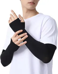 冷感アームカバー（ブラック） 99.9%以上UVカット UPF50+ 二の腕 ロング丈 ストレッチ シミ対策 日焼け防止 ひんやり 吸汗速乾 紫外線対策 接触冷感 指掛けタイプ ピッタリフィット スリム きつくない 男女兼用 腕カバー