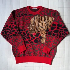 ト2510-①-5309 ボントン　BONTON アニマル柄ニット　赤　L