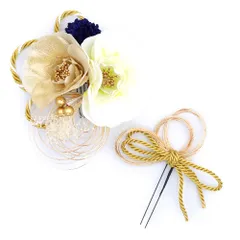 髪飾り 成人式 水引 振袖 前撮り 袴 2点セット 花 芙蓉 白 青紫 ゴールド 組紐 カスミソウ ビーズ コーム Ｕピン かんざし か No.12-0623