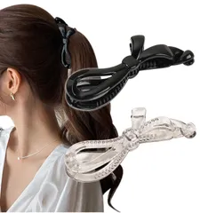 [Herbeluemily] バナナクリップ ヘアクリップ しっかり 髪留め リボン シンプル かわいい 2個セット A ブラック+クリアグレー HM-0102-R02-A