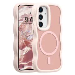 新品 UEEBAI 対応 Samsung Galaxy S24/S25 5G 用の ケース 透明 TPU ウェーブデザイン スマホケース クリア 可愛い 人気 おしゃれ ケース MagSafe対応 薄型 軽量 耐衝撃 波型 バンパー スマホケース - ピンク