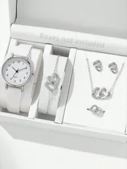 腕時計 レディース セット 6点セット レディース腕時計、ファッショナブルでシンプルな合金製スモールヘッドホワイト快適なPUストラップレディース腕時計、ラブジュエリーセット ネックレス、ブレスレット、ピアス、リング