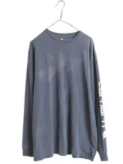 【お得なクーポン配布中!】 好雰囲気 カーハート プリント 長袖 Tシャツ メンズ L 古着 ロンT 袖プリント ヘビーウェイト カットソー ロングスリーブ ワーク ネイビー