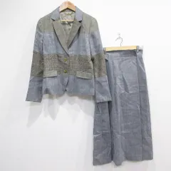 美品 SCAPA スキャパ へリンボーン リネンブレンド テーラードジャケット ロングスカート セットアップ スーツ 42 グレー レディース 古着 中古 USED