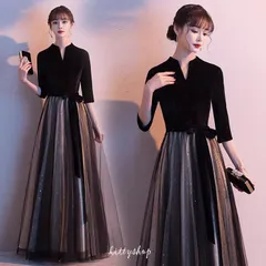 イブニングドレス ロングドレス 黒 ベロア ベルベット チュール 発表会ドレス Vネック 7分袖 オシャレ パーティードレス ブラック お呼ばれドレスLYX売れ筋ランクイン xzjhunq#