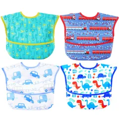 [スリーマッシュルーム] 食事用エプロン ベビー 離乳食 3D 立体 お食事 - 防水よだれかけ 赤ちゃん 4枚セット 速乾 洗濯機で洗える 名前を書ける 【保育士推奨】 保育園用 男の子 女の子