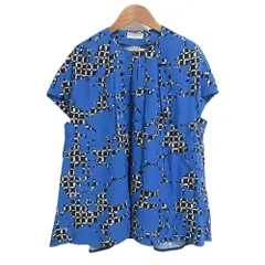 美品 BALENCIAGA バレンシアガ フレンチスリーブ フレアブラウス シャツ サイズ36 ブルー ブラック レディース 古着 中古 USEDのサムネイル