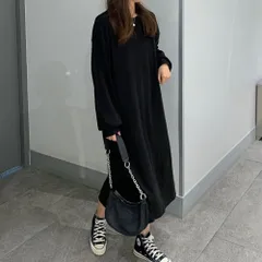 ☆ ブラック ☆ リブニットワンピース 裾スリットあり リブニットワンピース リブニット ワンピース レディース ニットワンピース 長袖 きれいめ ロング丈ワンピース マキシワンピース リブ ニット シンプル 裾スリット クルーネック 無地 カジュアル