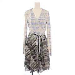 ダイアンフォンファステンバーグ DIANE von FURSTENBERG ラップワンピース 巻き フレア ひざ丈 長袖 Vネック ストレッチ チェック柄 ウール シルク 0 青 ブルー ベージュ 黒 ブラック グレー タグ付き