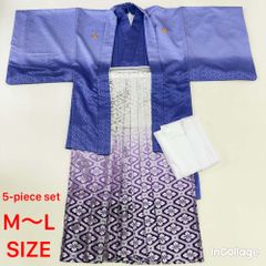 紋付袴 5点セット 着物 羽織 袴 長襦袢 角帯 裄70.6cm 袴丈86cm M〜L 紫 グレー 五つ紋 中古 4518