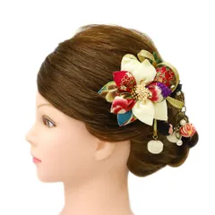 髪飾り 成人式 つまみ細工 赤 振袖 前撮り 袴 花 2点セット 白 ちりめん 組紐 玉飾り 玉簪 一本差し パール チェーン 和柄 下 No.9-4924