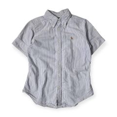 00s RALPH LAUREN ラルフローレン ストライプ BD ボタンダウン オックスフォード 半袖シャツ 7/水色×ホワイト レディース インパクト21