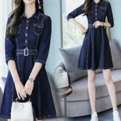 ワンピース デニムワンピース ミニ丈 袖あり 7分袖 ベルト かわいい 大人可愛い きれいめ シンプル カジュアル 大人 上品 おしゃれ お洒落 レトロ こなれ感 ラブリー キュート ガーリー とろみ感 花柄 小花柄 フラワー 春 夏 10代 20代 30代 