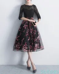 パーティードレス パーティドレス 結婚式 ワンピース 袖あり レース aライン ミディアム丈 フォーマルドレス ブラック お呼ばれ 二次会 発表会  0668