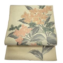 名古屋帯 八寸 紬織 開き仕立て 花文様 グレー ピンク 洒落帯 粋