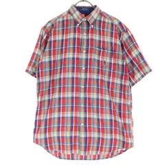 美品 TOMMY HILFIGER トミーヒルフィガー 90s オールド フラッグタグ マドラスチェック柄 半袖 ボタンダウンシャツ L レッド メンズ 古着