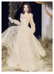 新品 未使用 2026新作 シャンパンカラー ロングドレス 高級感 ウェディングドレス 花嫁 二次会 パーティードレス 披露宴 演奏会 発表会 ステージドレス 晩餐会 主催者用ドレス Aライン チュール 長袖 スパンコール キラキラ エレガント 上品